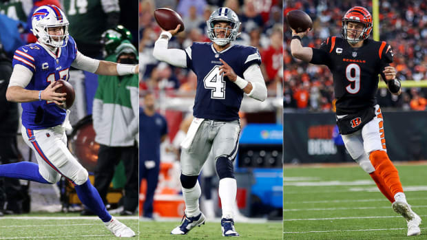 Separate photos of Josh Allen, Dak Prescott and Joe Burrow.